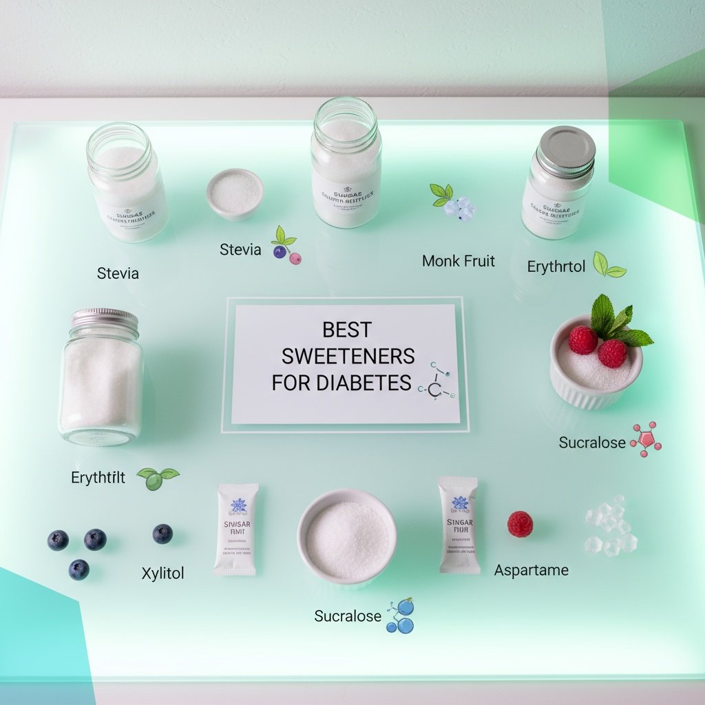 A variety of sugar substitutes including stevia, erythritol, and monk fruit, alongside fresh berries and a measuring spoon, illustrating the best sweeteners for diabetes.