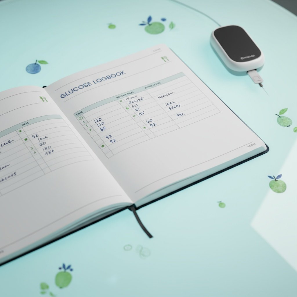 A well-organized glucose tracking logbook with a pen, a glucose meter, and a healthy snack nearby, emphasizing personal diabetes management.