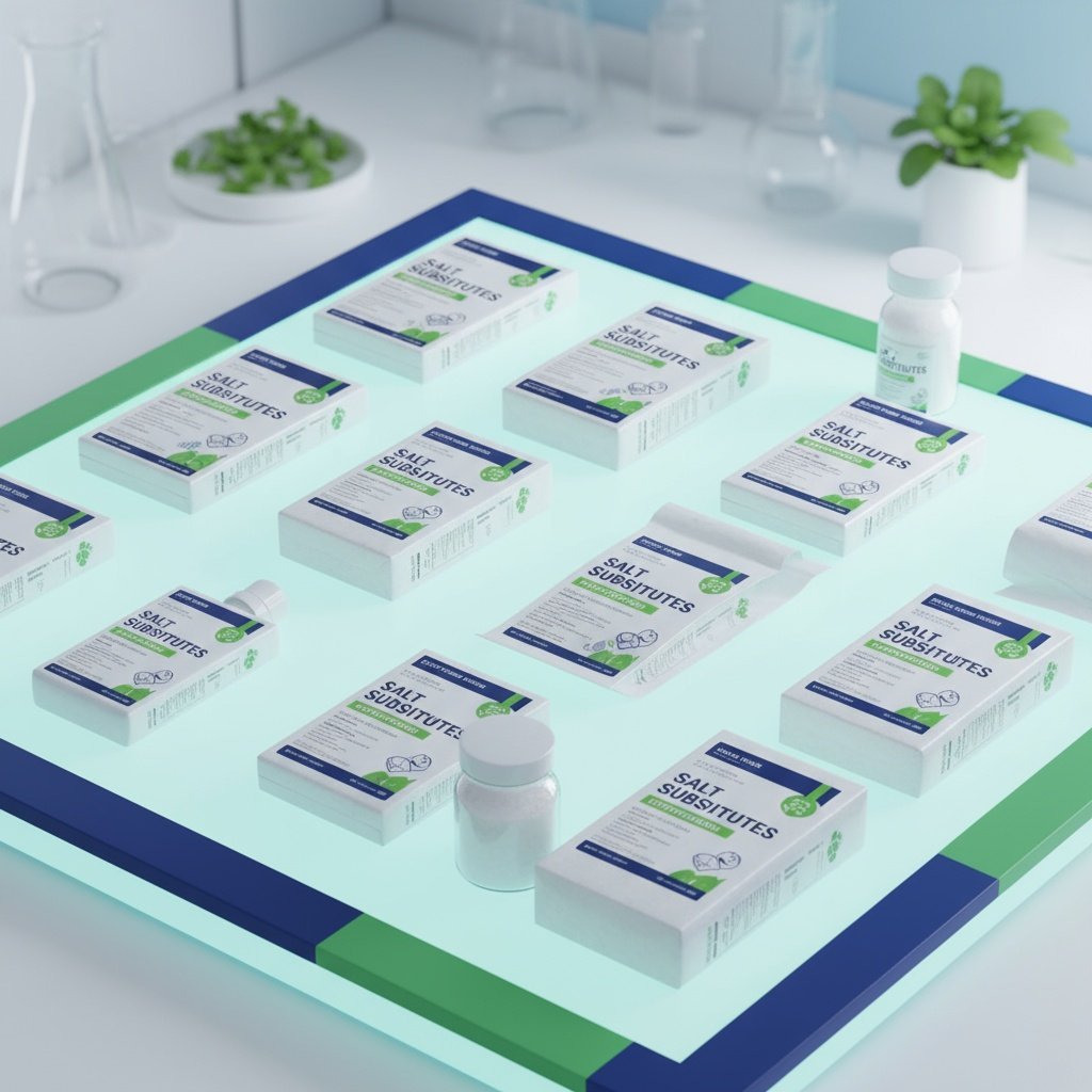 A variety of salt substitutes and natural seasonings arranged artistically on a wooden surface, highlighting options for managing hypertension.