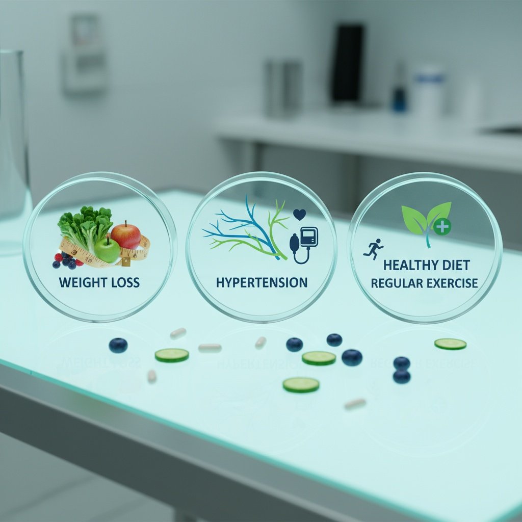 A vibrant flat lay of healthy weight loss ingredients: fresh fruits like berries and apples, various vegetables such as spinach and broccoli, whole grains like oats and quinoa, lean proteins including chicken breast and fish, a glass of water, and a heart-shaped measuring tape. The image is bright and inviting, conveying health and wellness.